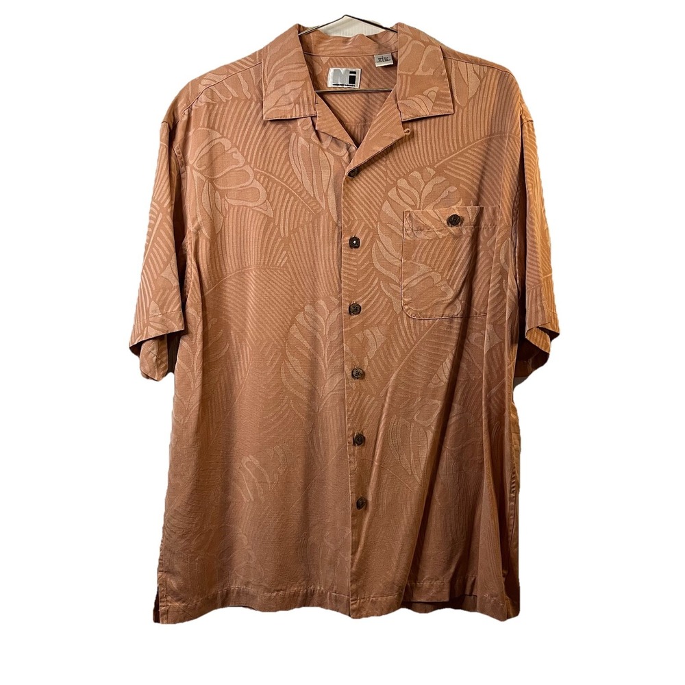 Vintage Modern Images 100% Silk Jacquard Camp Shirt Peach Salmon Men's Large